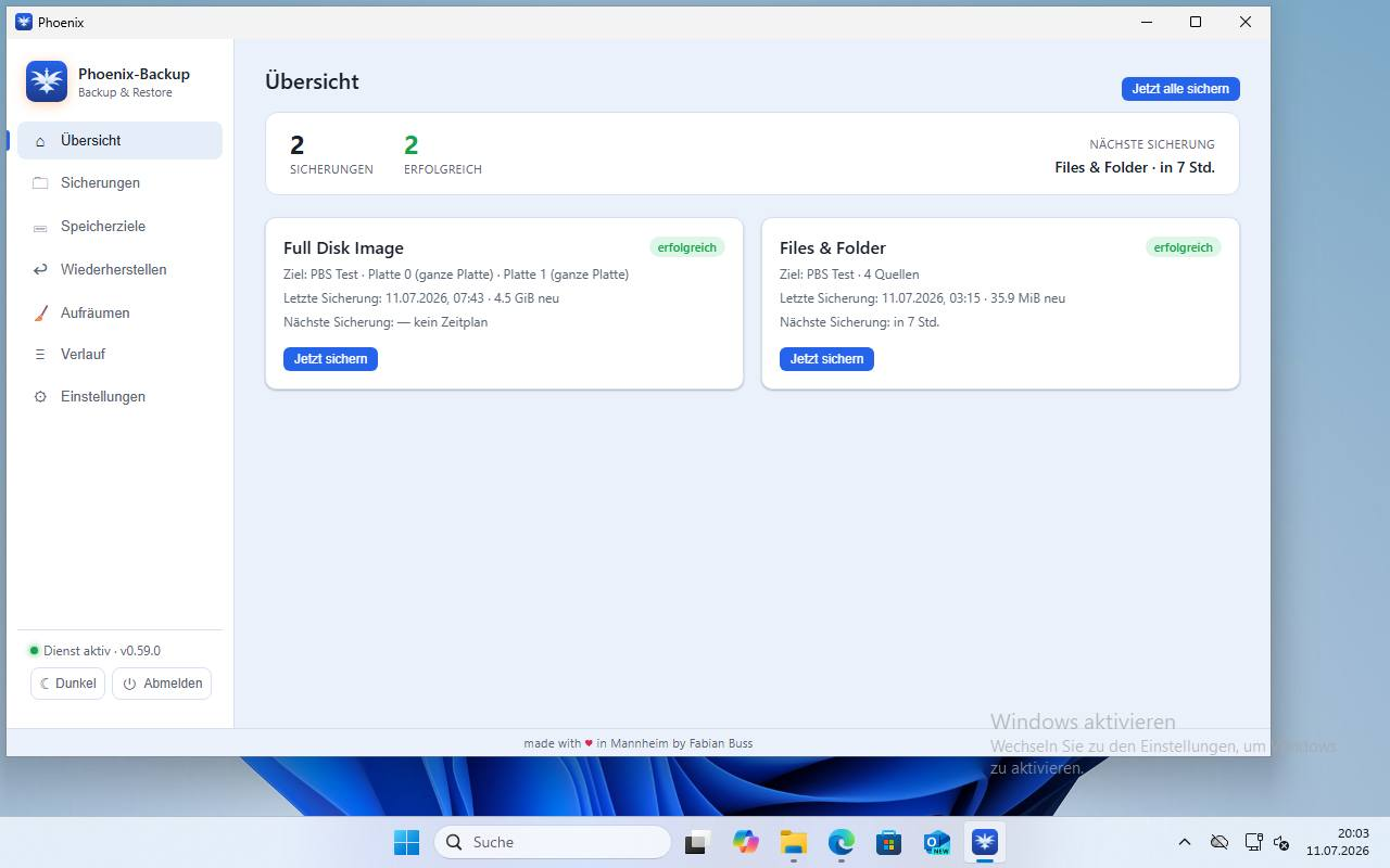 Phoenix-Backup Dashboard: Übersicht aller Sicherungen mit Status und „Jetzt alle sichern“
