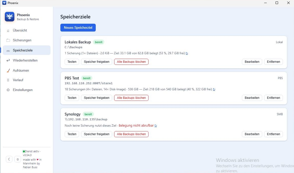 Speicherziele mit Status und Speicherverbrauch